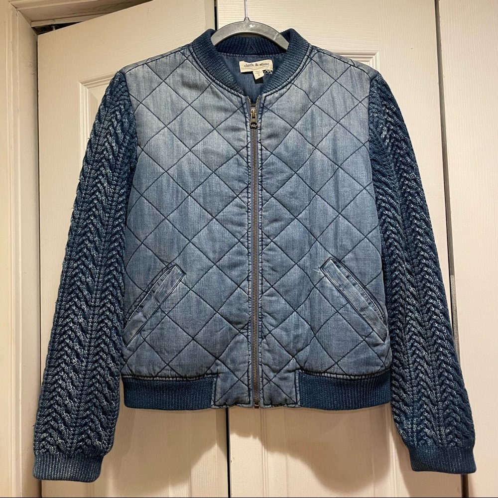 Anthropologie Cloth and Stone Chambray Quilted Denim Print Bomber Jacket